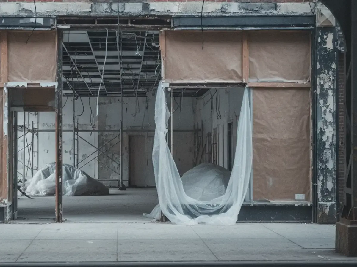 Storefront stripped out behind papered windows and dust sheeting during a commercial gut